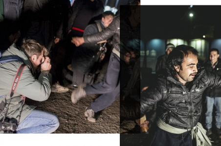 Was machen Fotografen, wenn sie Flüchtlinge fotografieren? Dokumentieren, anklagen, Geld verdienen - oder irgendetwas dazwischen? n-ost Fotograf Florian Bachmeier beim Fotografieren im inoffiziellen Flüchtlingscamp in Belgrad und das Bild, das dabei entstanden ist. / Foto: Nacho Toyos (l),