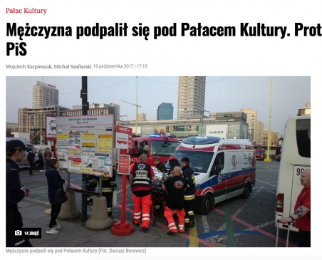 Die Online-Ausgabe der Gazeta Wyborcza, eine der größten Zeitungen Polens, berichtete heute über die Selbstverbrennung in Warschau. / Screenshot: n-ost