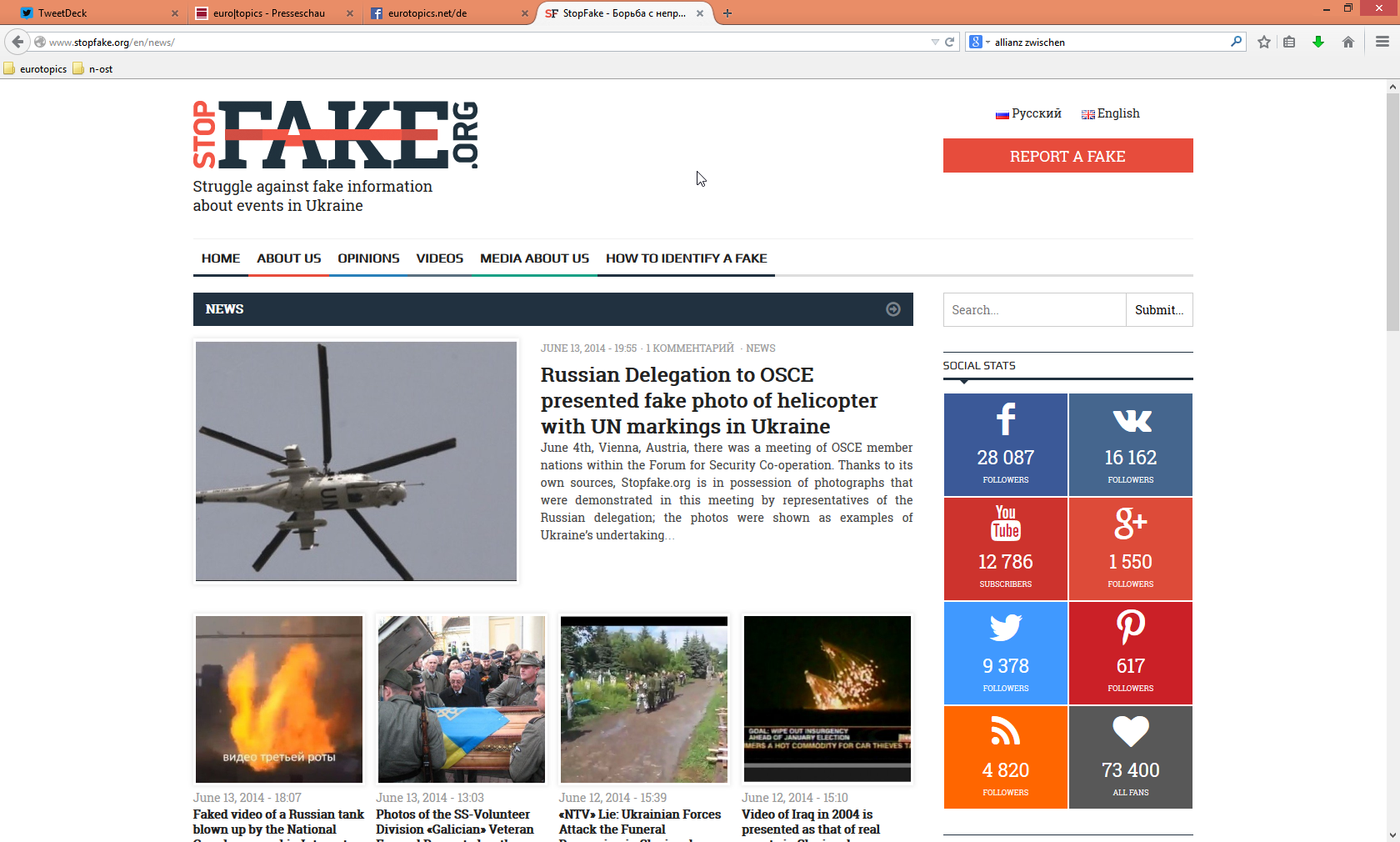 Die Website Stopfake.org deckt Falschmeldungen in der russischen und ukrainischen Berichterstattung über den Ukraine-Konflikt auf / Screenshot der Homepage Stopfake.org